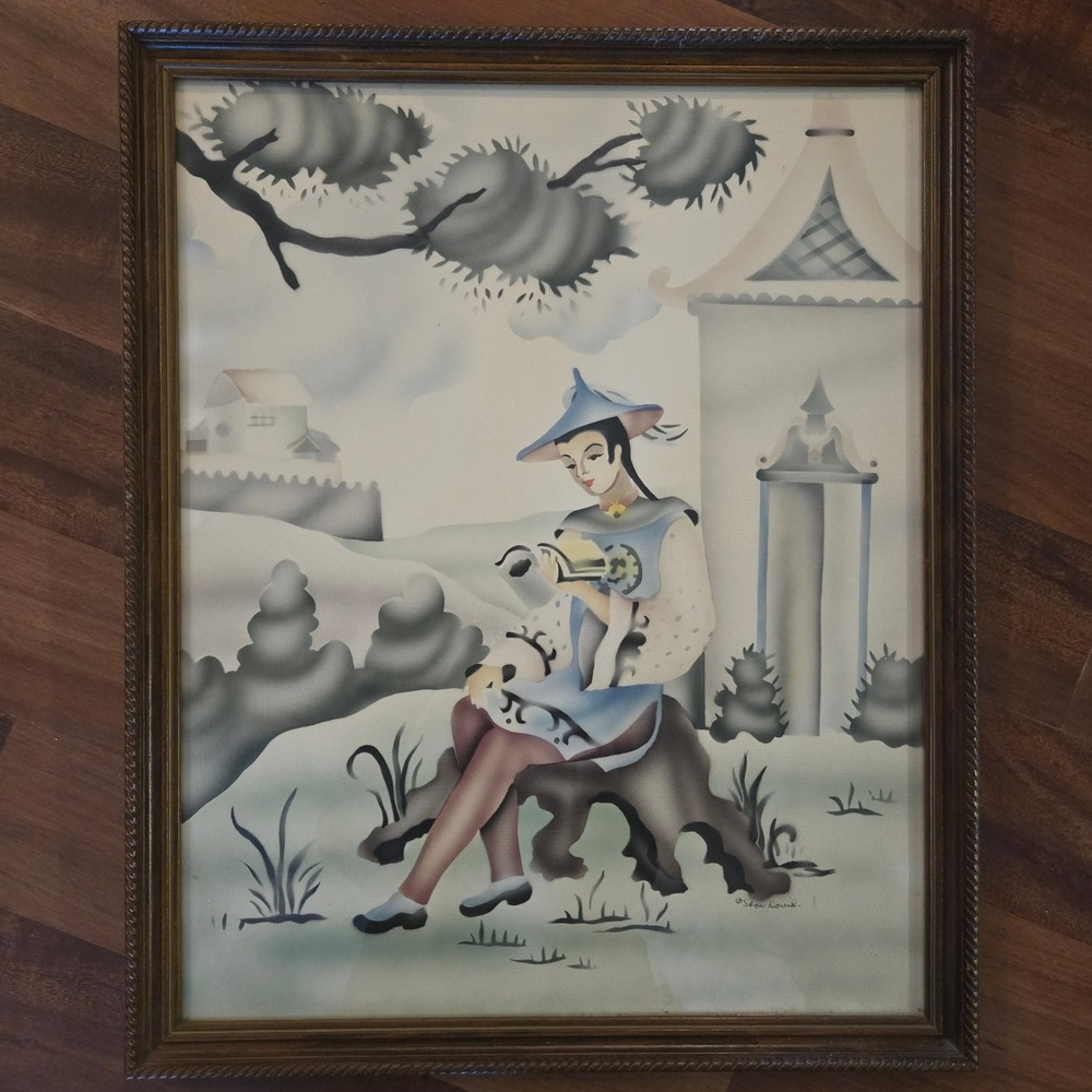 Vintage Stan David Chinoiserie Lithograph Prints‎ Pair Framed Mid Century Modern